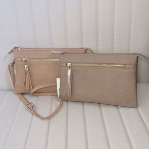NEW! 2 for 1 Double Compartment Wristlet Crossbody Purse in Taupe & Beige
